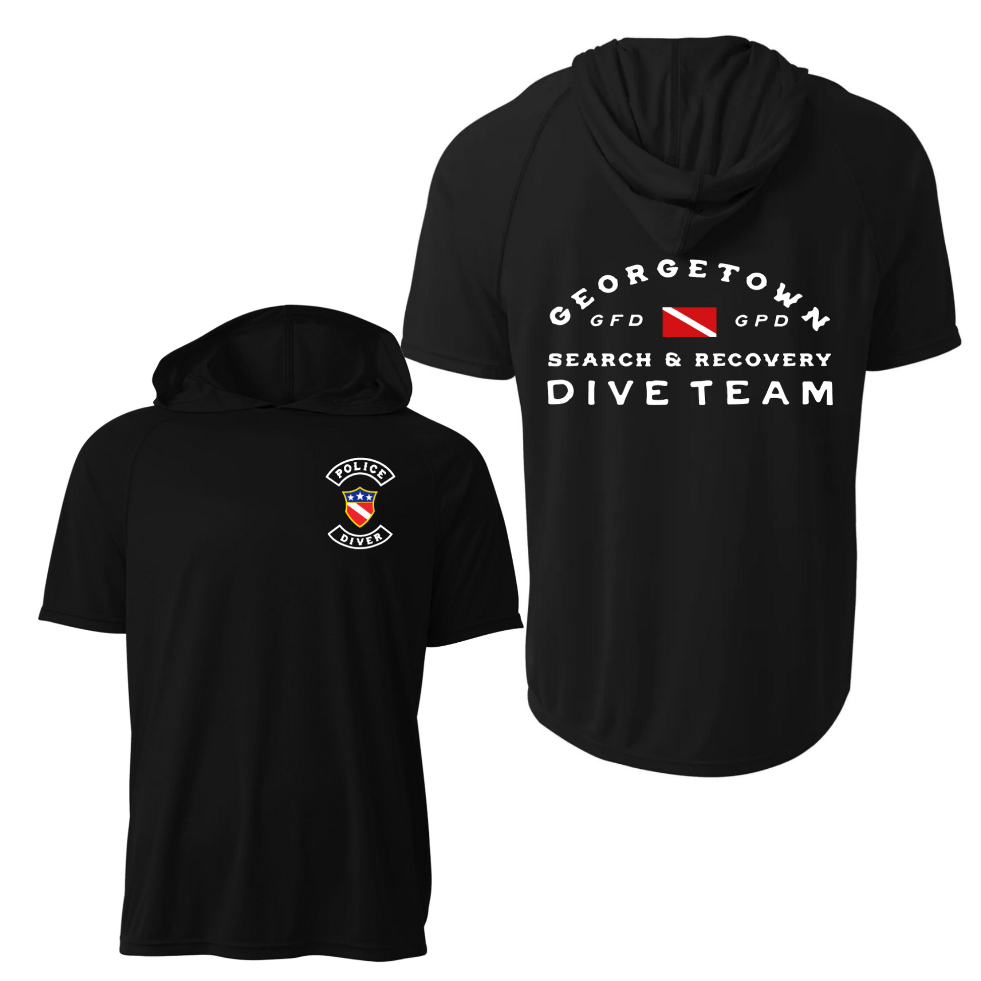 Black short-sleeve hooded shirt shown from the front and back on a white background. The front has a small Georgetown PFD Search & Recovery emblem on the left chest, and the back has large white text reading 'GEORGETOWN GFD GPD SEARCH & RECOVERY DIVE TEAM' with a red-and-white diving flag graphic.