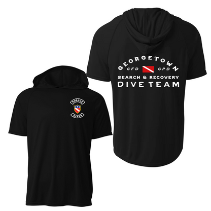 Black short-sleeve hooded shirt shown from the front and back on a white background. The front has a small Georgetown PFD Search & Recovery emblem on the left chest, and the back has large white text reading 'GEORGETOWN GFD GPD SEARCH & RECOVERY DIVE TEAM' with a red-and-white diving flag graphic.