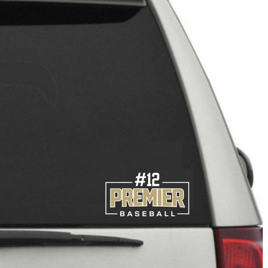 Car window with a '#12 Premier Baseball' decal on a white background