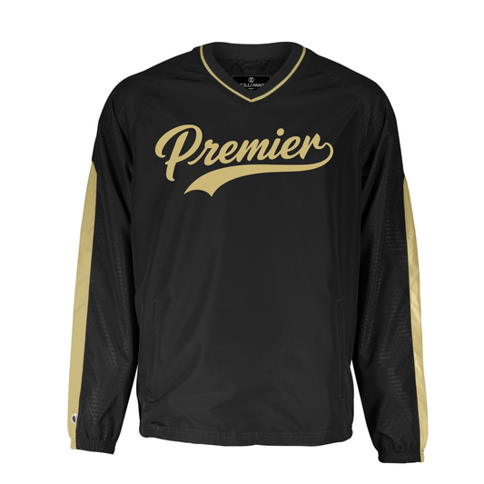 Black premier baseball wind jacket with Premier script on front chest. 