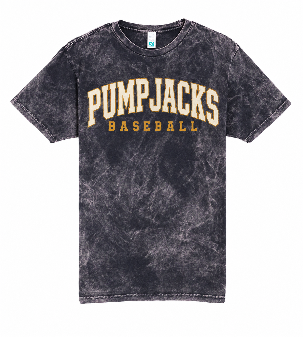 Charcoal mineral-wash PumpJacks Baseball tee with cream collegiate lettering outlined in gold and gold BASEBALL text