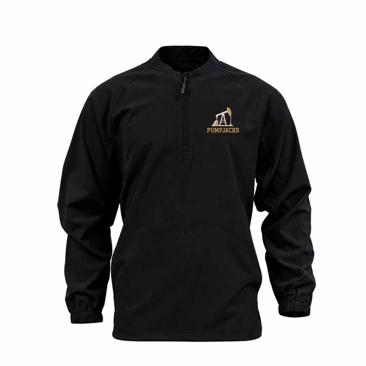 PumpJacks black long sleeve quarter zip cage jacket with small cream and gold embroidered left chest pumpjack logo