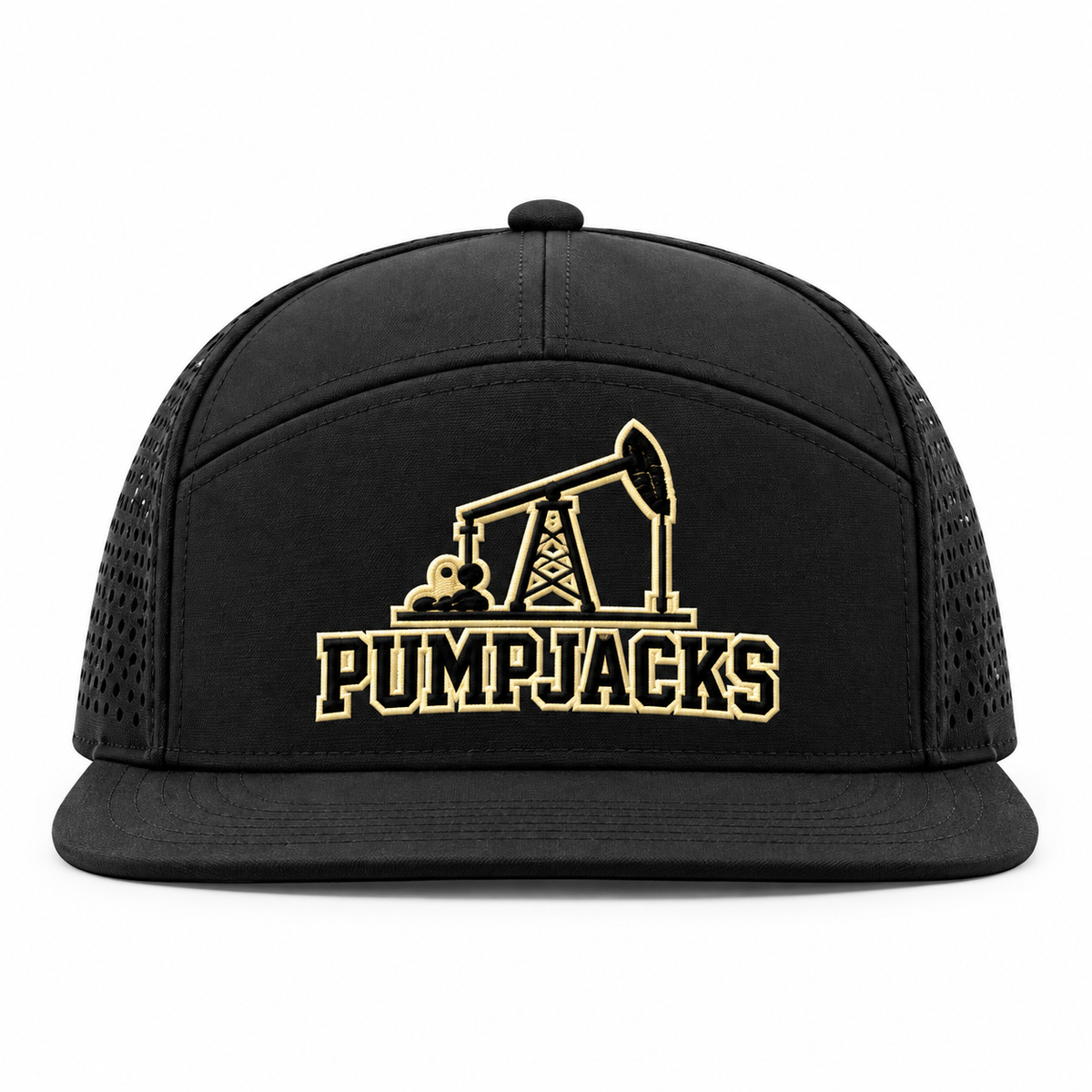 PumpJacks Baseball 7-Panel Performance Hat – Black, front view with embroidered oil pumpjack and PumpJacks wordmark on a white background