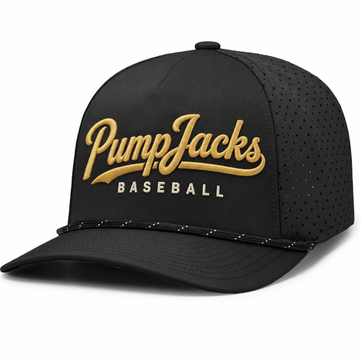 Black perforated rope hat with gold PumpJacks script and cream BASEBALL embroidery