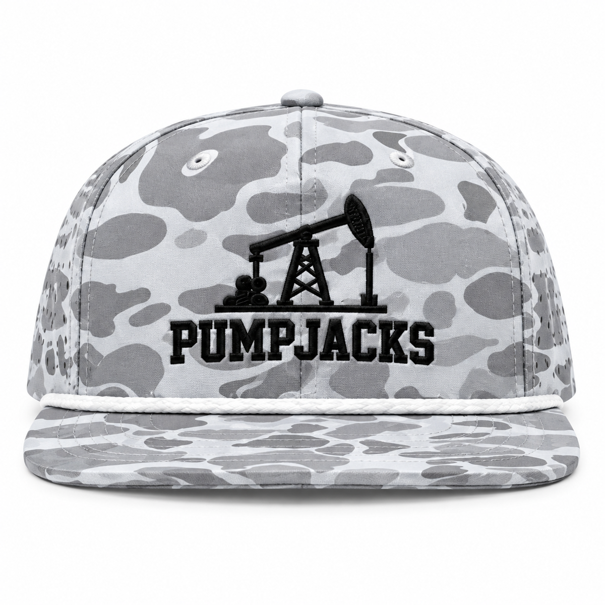 PumpJacks Baseball Camo Rope Hat – Gray, front view with embroidered oil pumpjack and PumpJacks wordmark on a white background