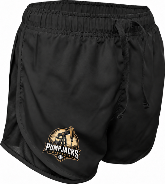 Womens PumpJacks Baseball Black Running Shorts with the updated black, gold and white full GRIT logo