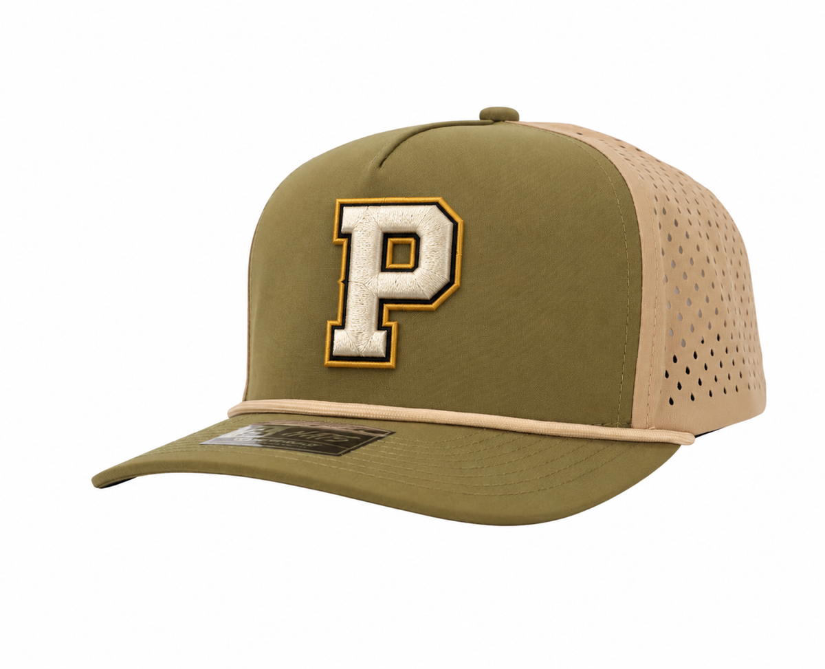 Olive and tan perforated rope hat with cream puff PumpJacks P embroidery outlined in black and gold
