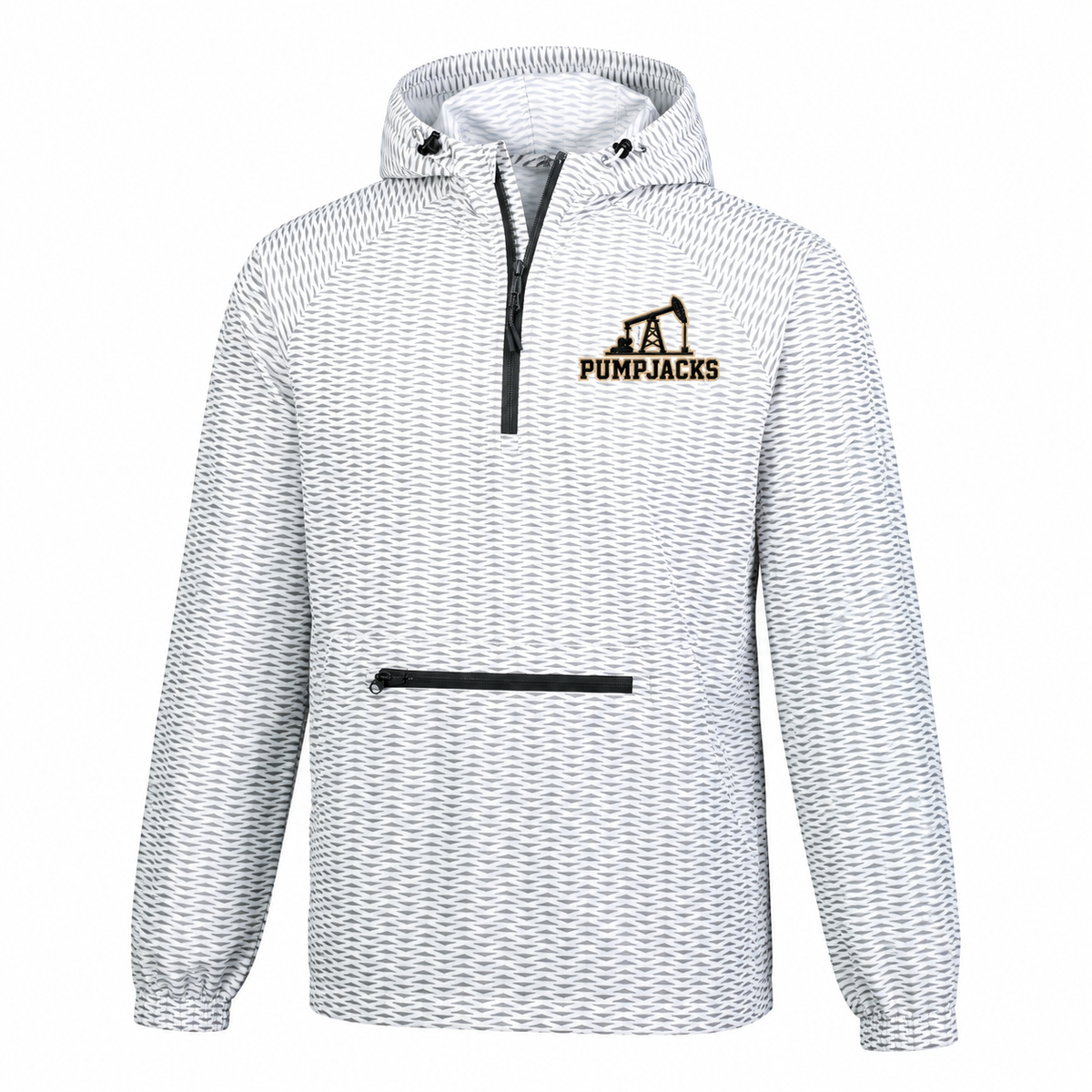 PumpJacks white and gray patterned hooded windbreaker with black quarter zip, front pocket and small black and gold left chest logo
