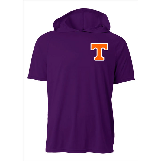Texas Bulldogs Purple DriFit Short Sleeve Hooded Shirt – Performance Baseball Hoodie Tee with “T” Logo