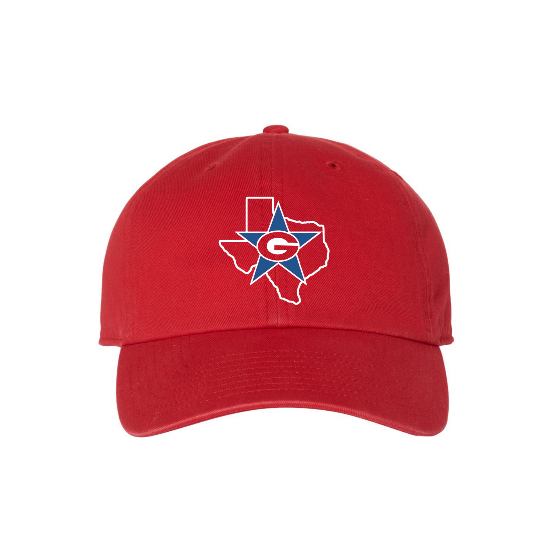 Red cap with a logo of a star and a letter 'G' on a white background