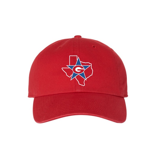 Red cap with a logo of a star and a letter 'G' on a white background
