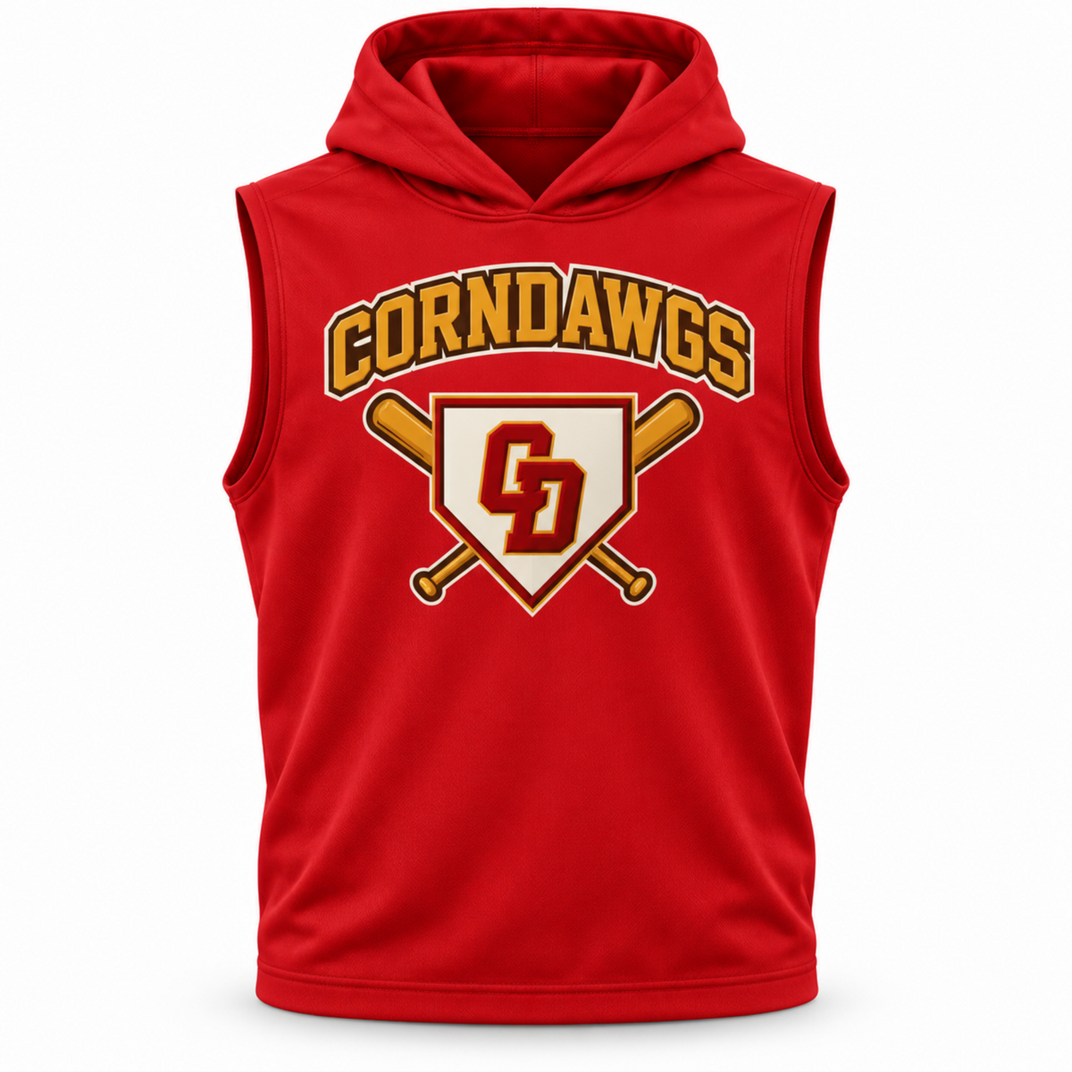 A red sleeveless hooded athletic shirt with a large 'CORNDAWGS' and home plate graphic on the front, shown on a plain white background.