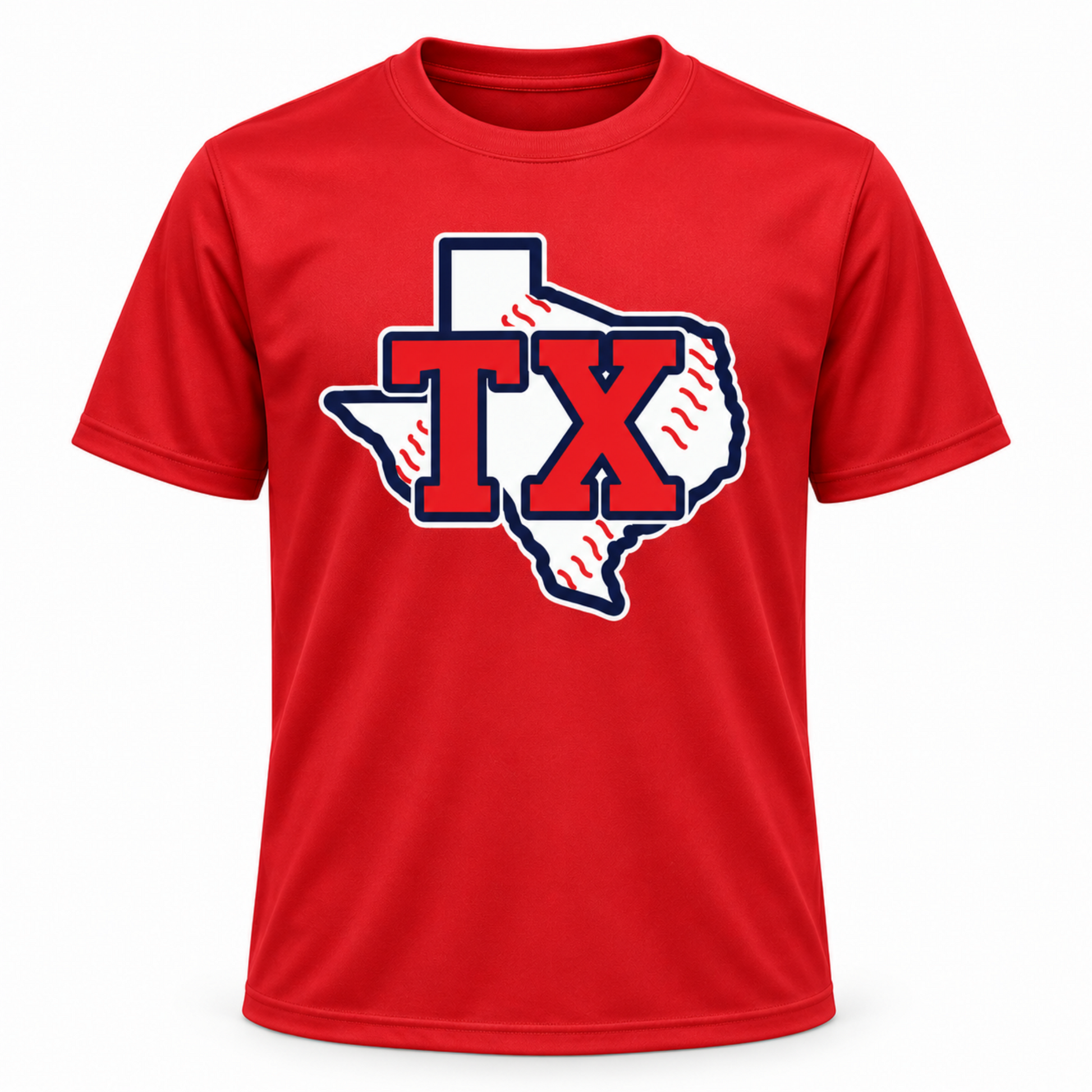 A red short-sleeve crewneck t-shirt featuring a large graphic on the chest in the shape of Texas, filled with a baseball pattern and overlaid with the letters 'TX' in red with a white and navy outline.