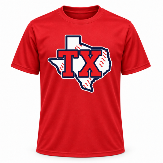 A red short-sleeve crewneck t-shirt featuring a large graphic on the chest in the shape of Texas, filled with a baseball pattern and overlaid with the letters 'TX' in red with a white and navy outline.