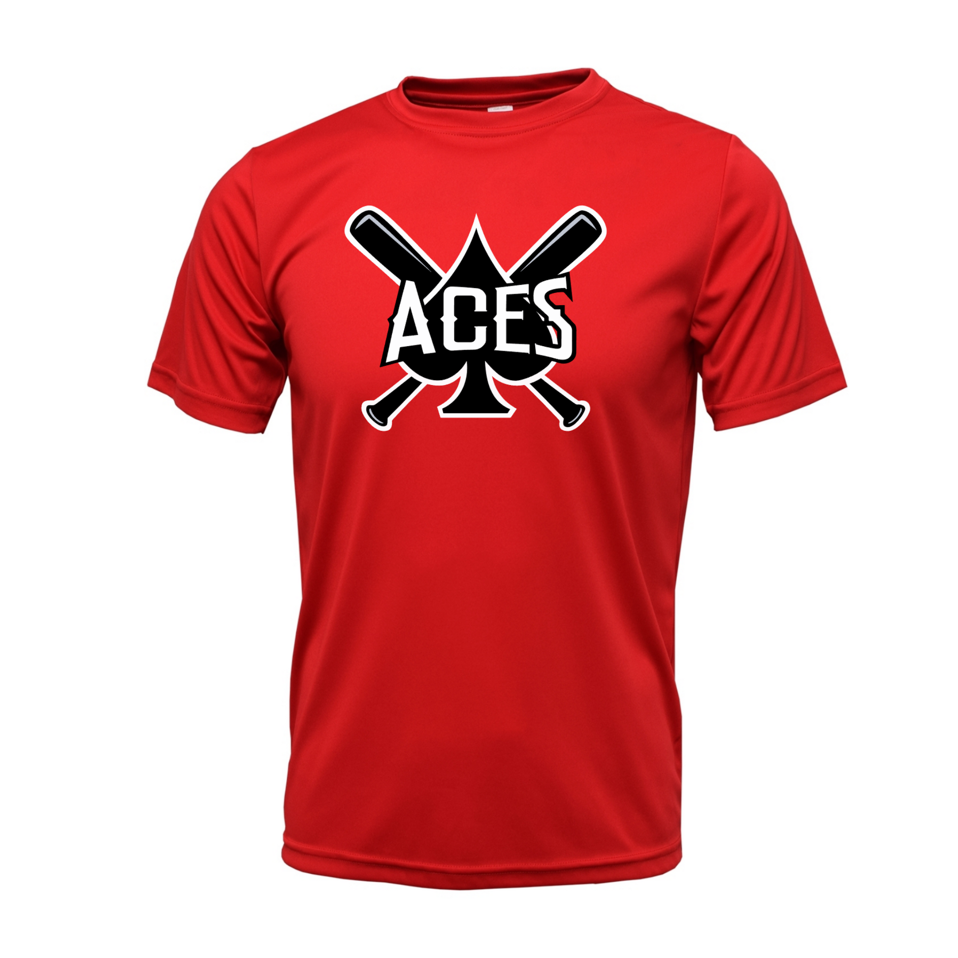 Red Aces Baseball performance shirt with black and white spade and crossed baseball bats logo