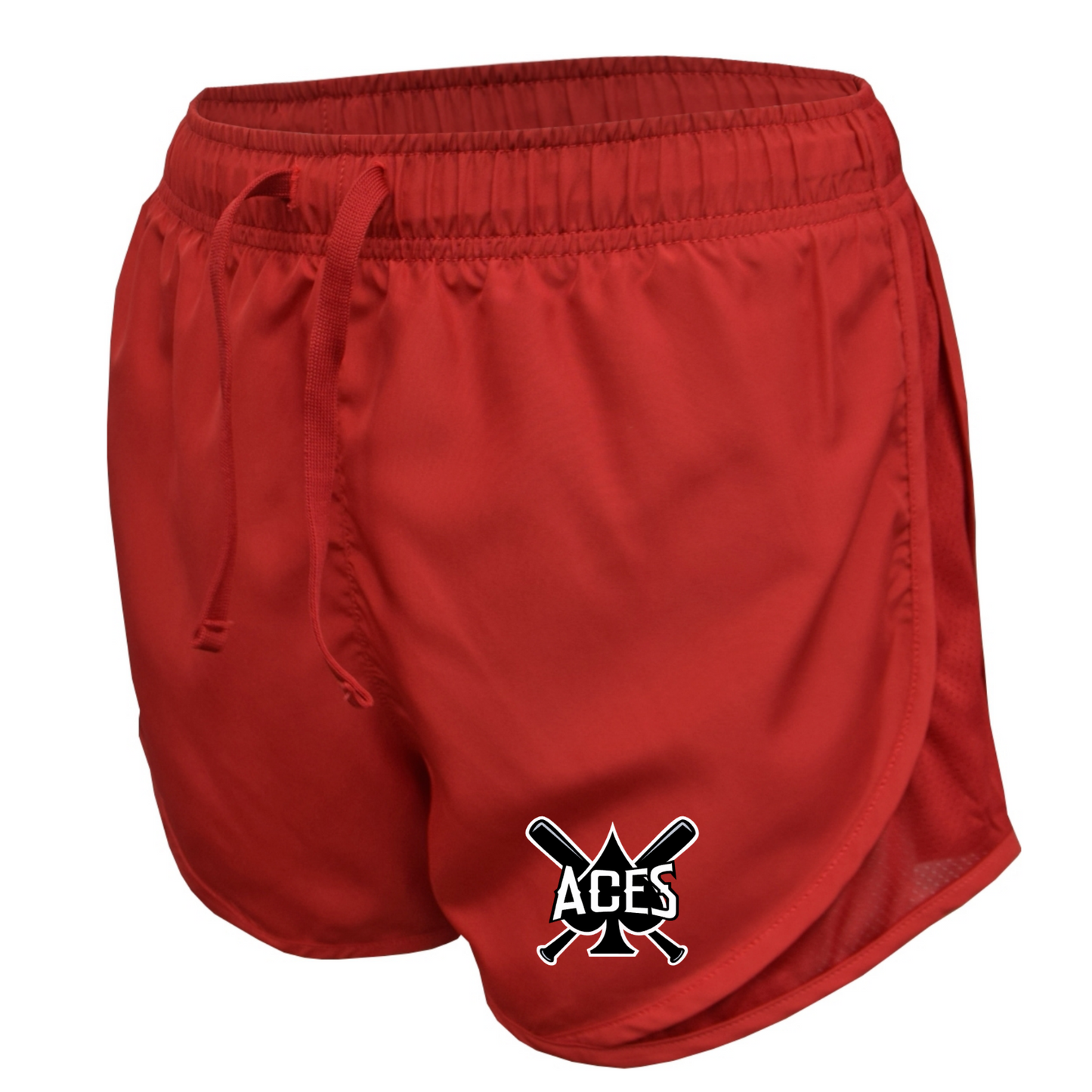 Red Aces Baseball women’s athletic shorts with Aces crossed bats logo