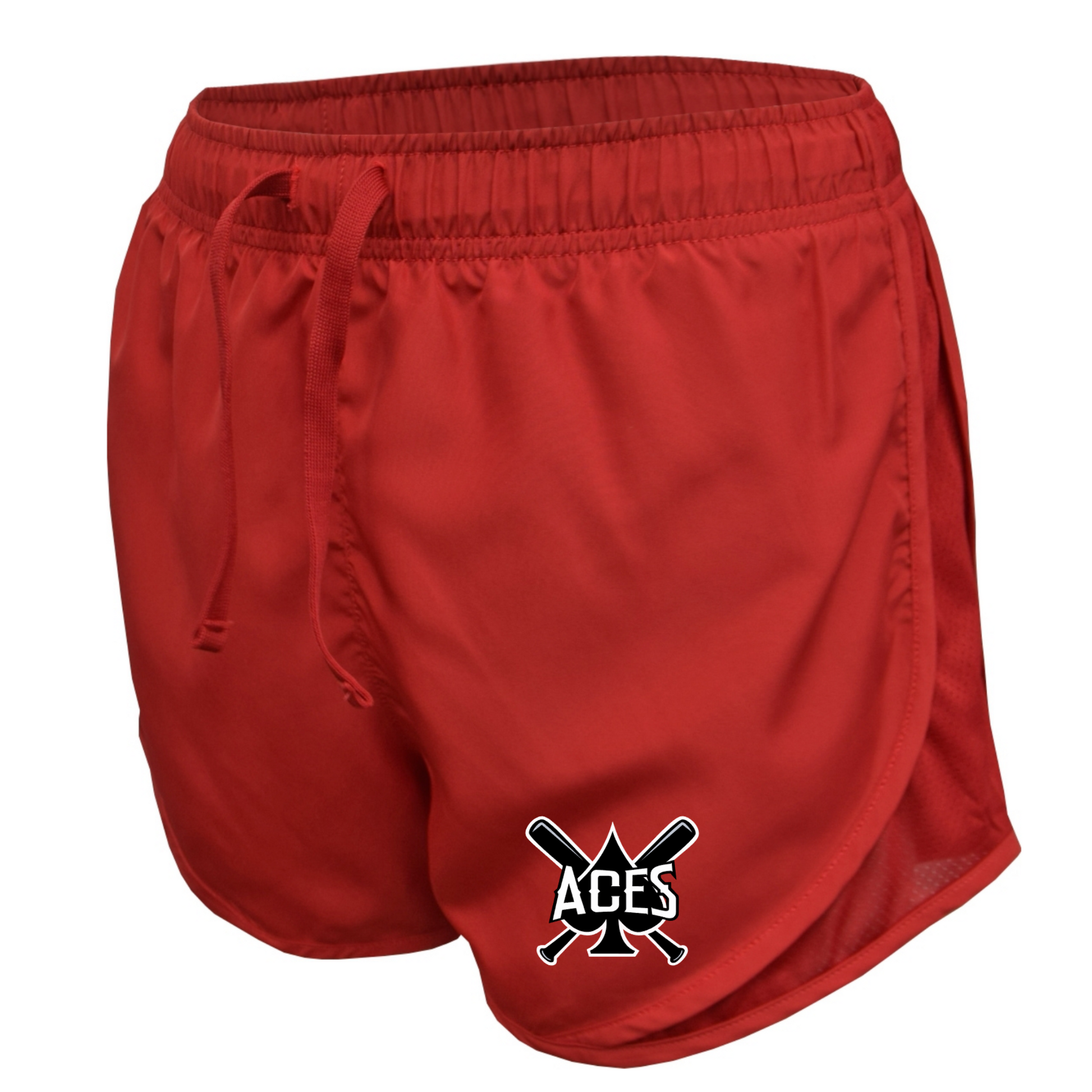 Red Aces Baseball women’s athletic shorts with Aces crossed bats logo