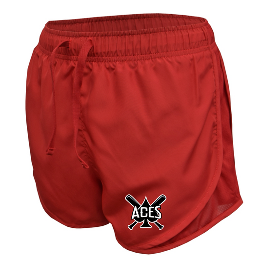 Red Aces Baseball women’s athletic shorts with Aces crossed bats logo