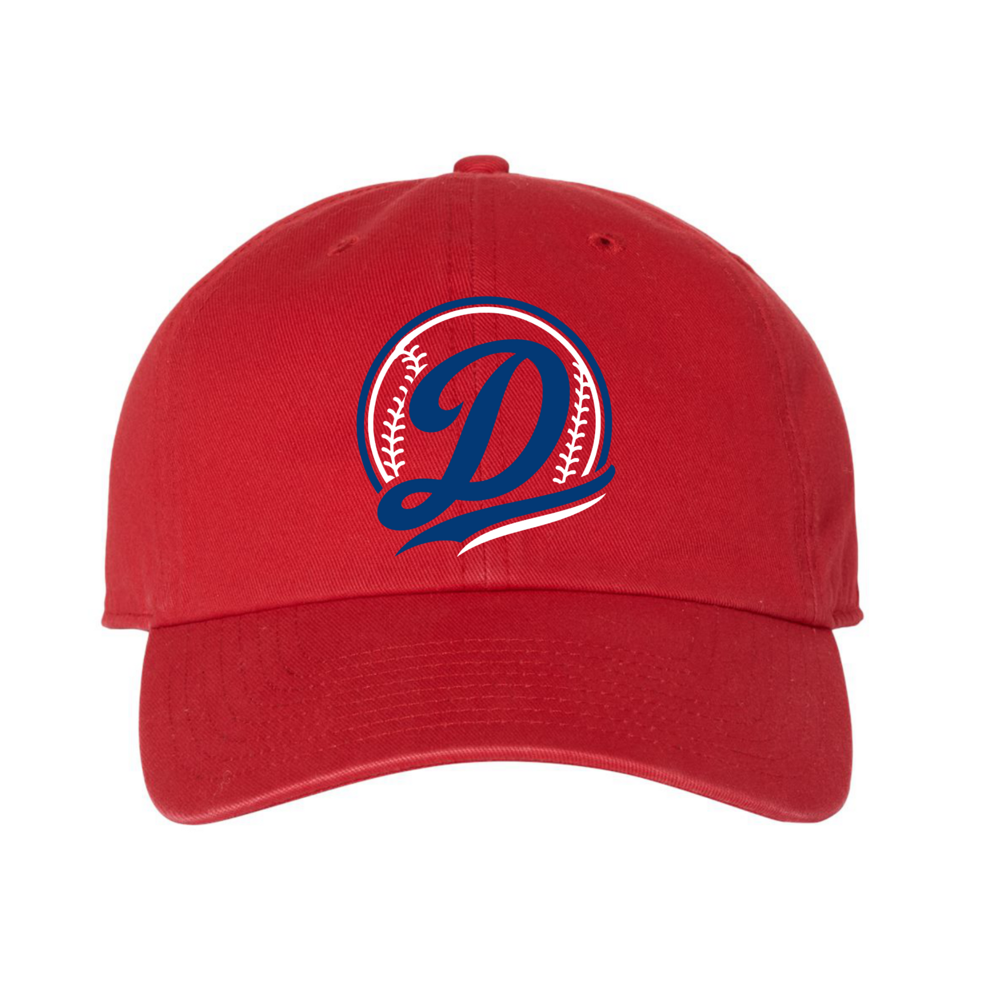 Red baseball cap with a blue and white logo on a white background