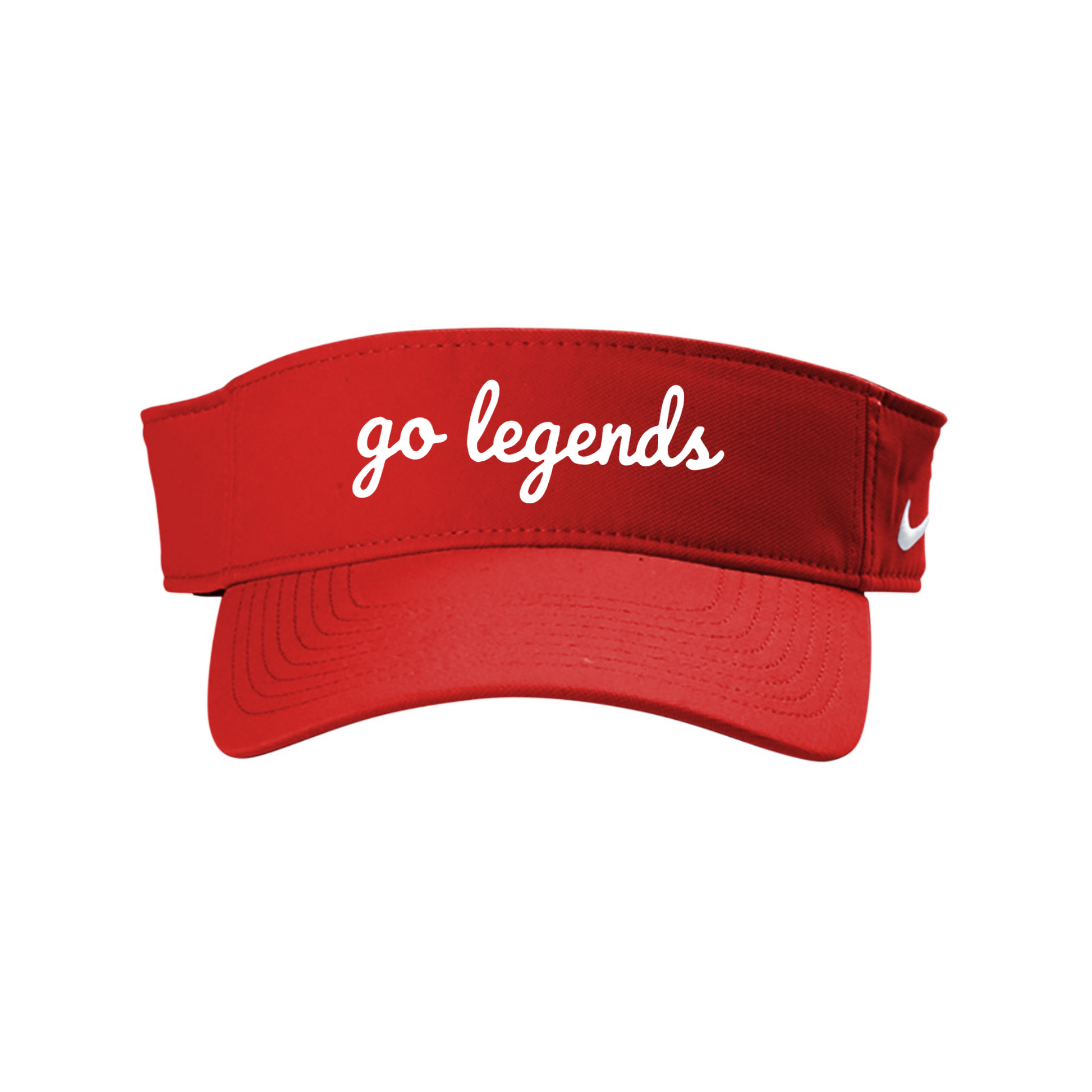 Red visor with 'go legends' text on a white background