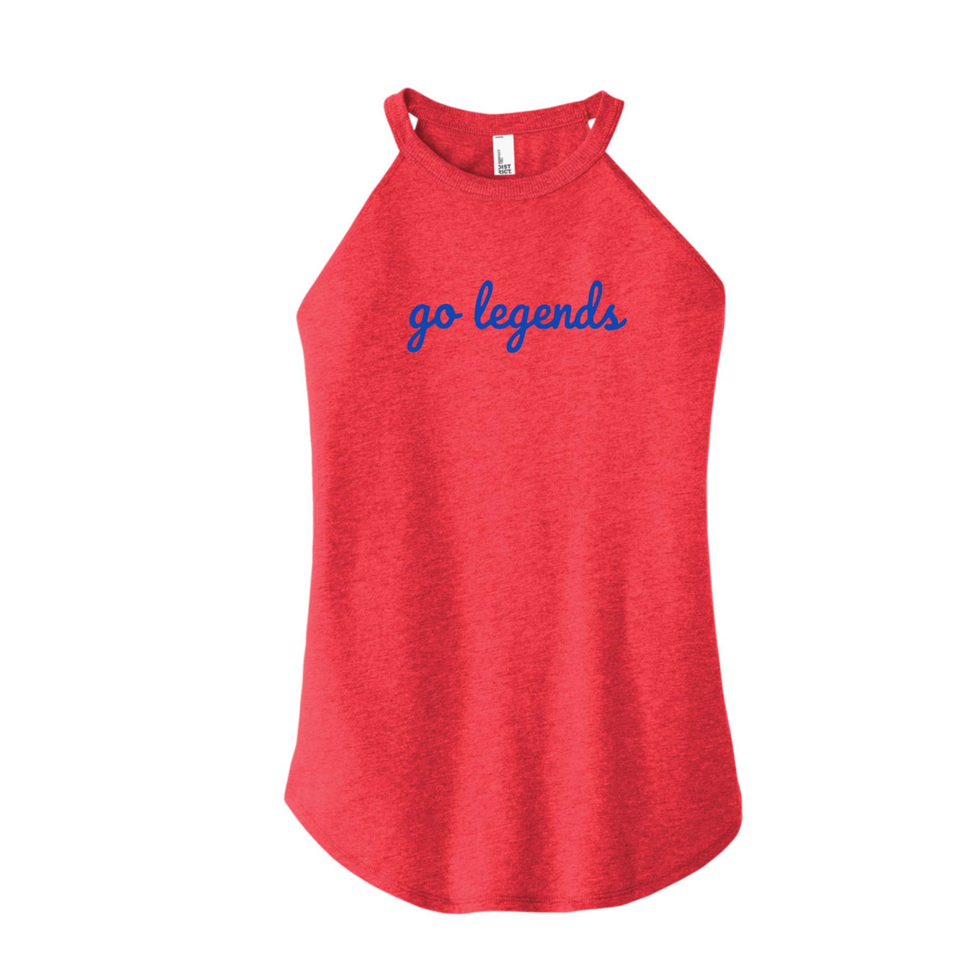 Red tank top with 'go legends' text on a white background