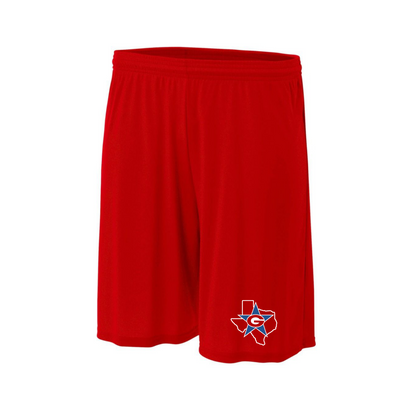 Red shorts with a logo on a white background