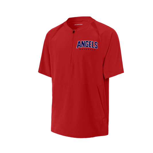 A red short-sleeve athletic pullover with a half-zip collar and 'ANGELS BASEBALL' printed in navy and white on the chest, shown on a plain white background.