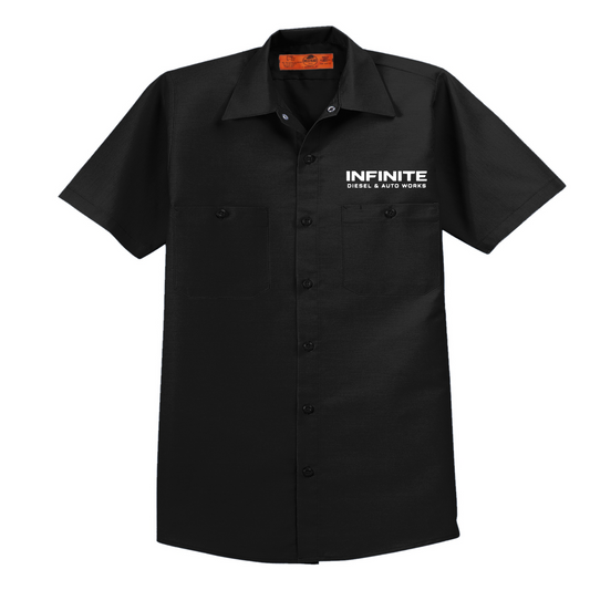 Black work shirt with 'Infinite Diesel & Auto Workers' logo on a white background