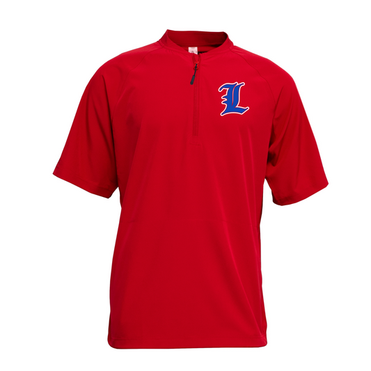 Red shirt with a logo on the chest against a white background