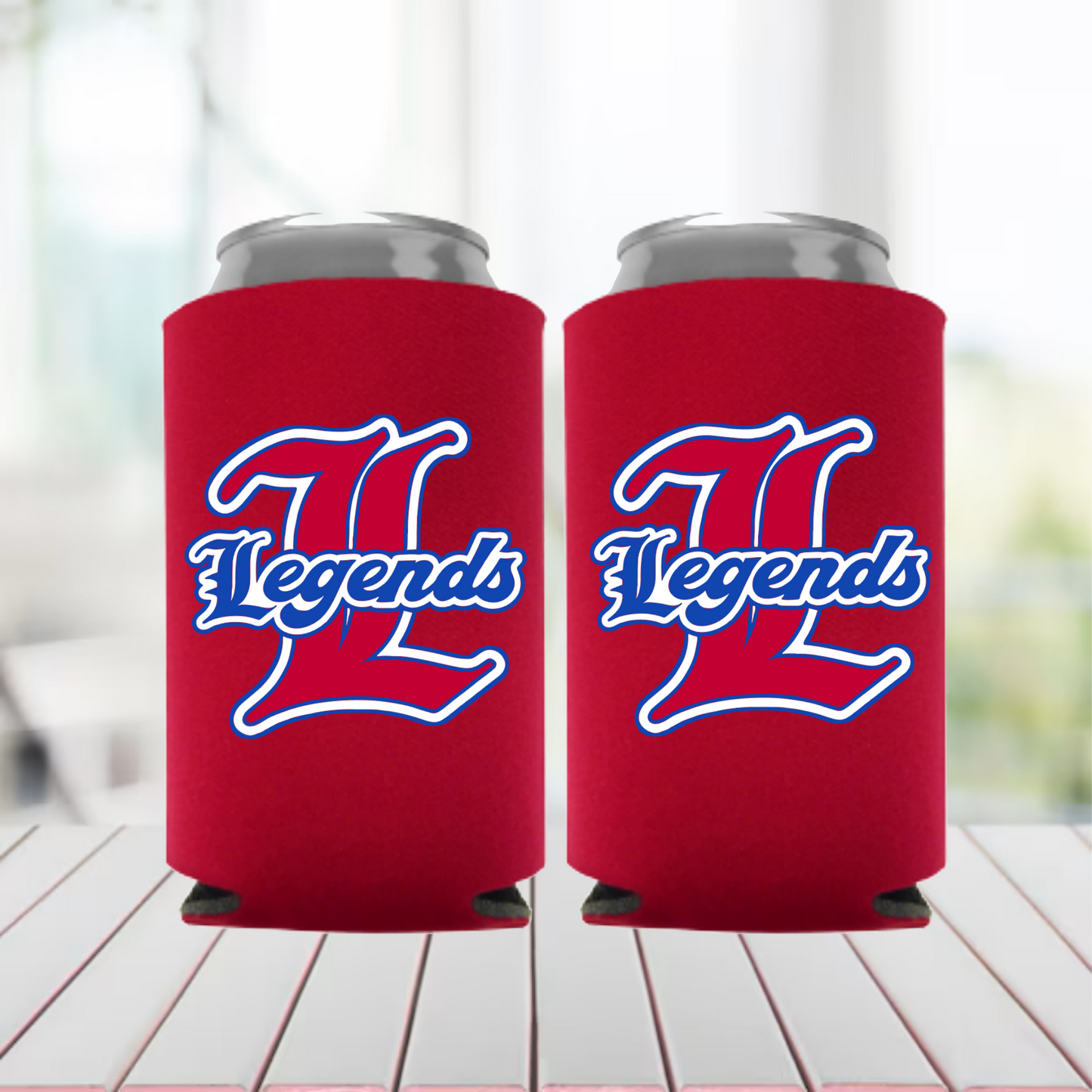 Two red can coolers with 'Legends' logo on a wooden surface.