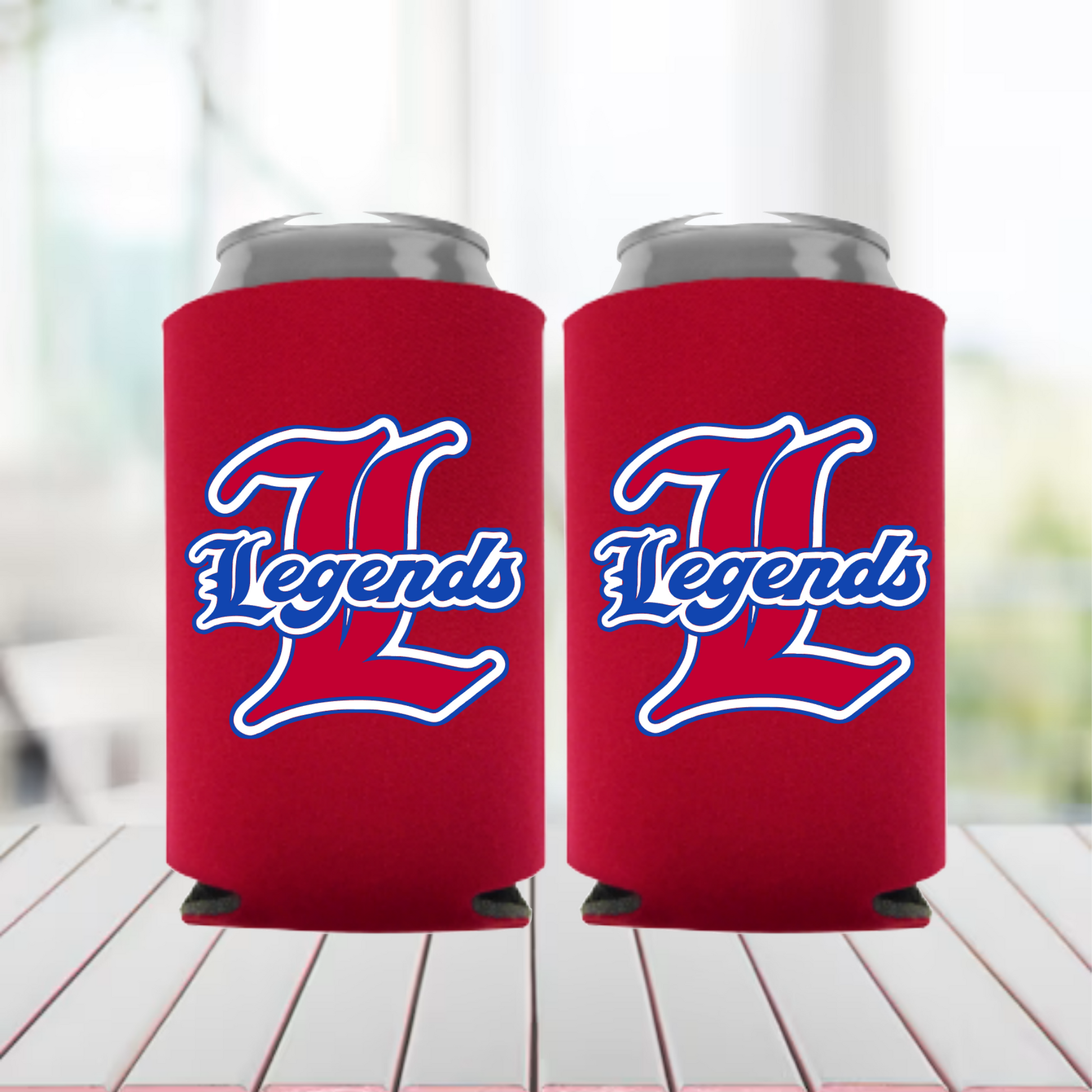 Two red can coolers with 'Legends' logo on a wooden surface.