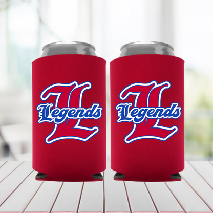Two red can coolers with 'Legends' logo on a wooden surface.