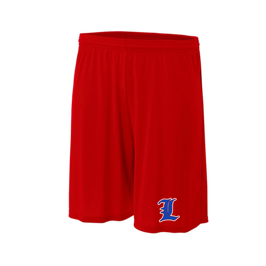 Red shorts with a logo on a white background