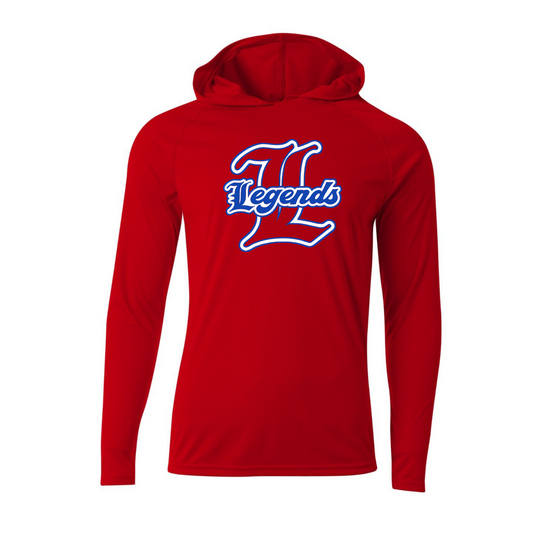 Red hoodie with 'Legends' logo on a white background