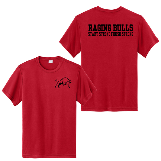 Red Raging Bulls “Start Strong Finish Strong” Baseball Tee