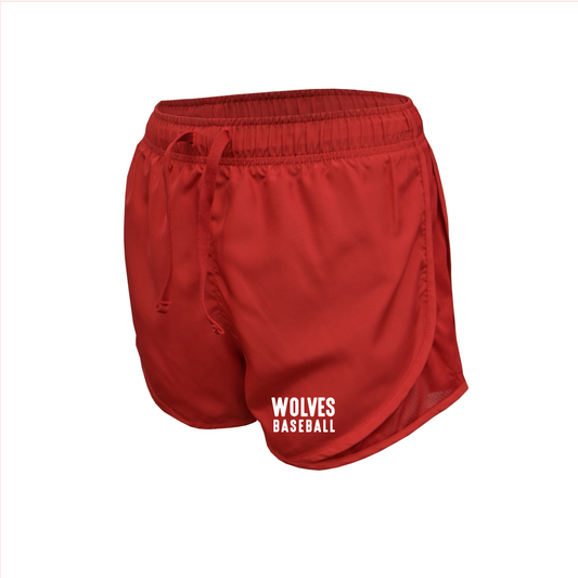 Womens Red Running Shorts, Wolves Baseball Shorts, Wolves Baseball Logo'd Shorts