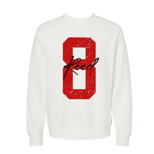 Custom Player Number Crewneck Sweatshirt – Red Distressed Varsity (White)