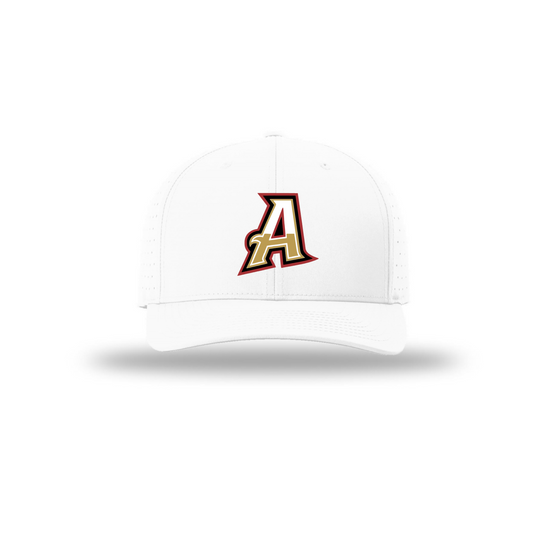 A white structured baseball cap featuring a stylized embroidered letter 'A' logo on the front in gold and maroon, set against a plain white background with a soft drop shadow.