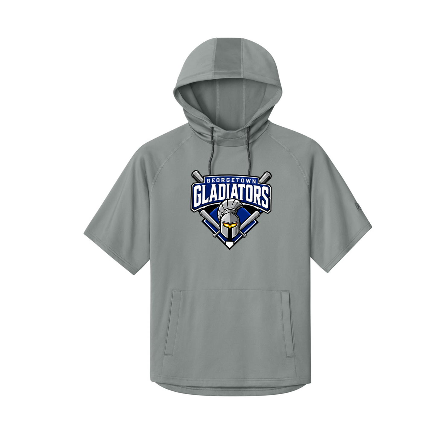 Georgetown Gladiators gray short sleeve performance hoodie with full-color gladiator helmet and crossed bats baseball logo