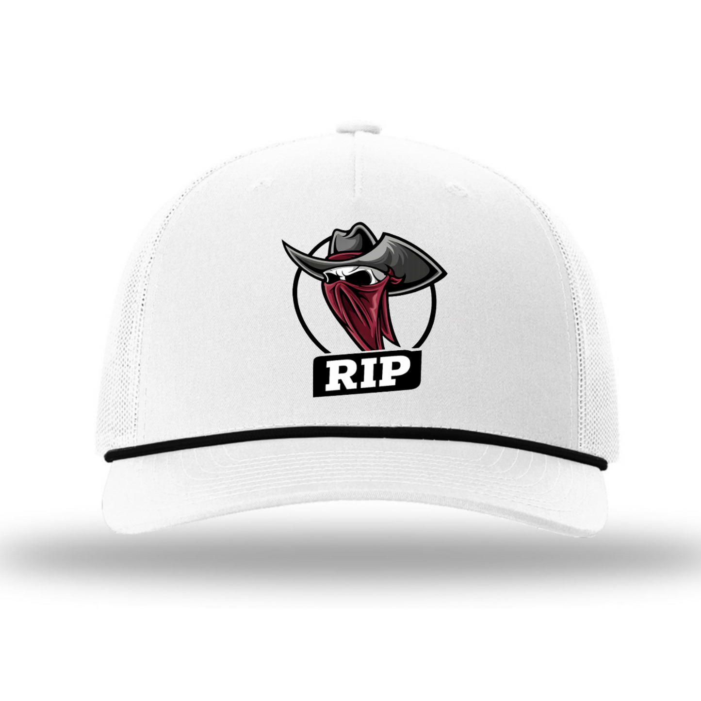 White cap with a logo featuring a cowboy hat and 'RIP' text on a white background