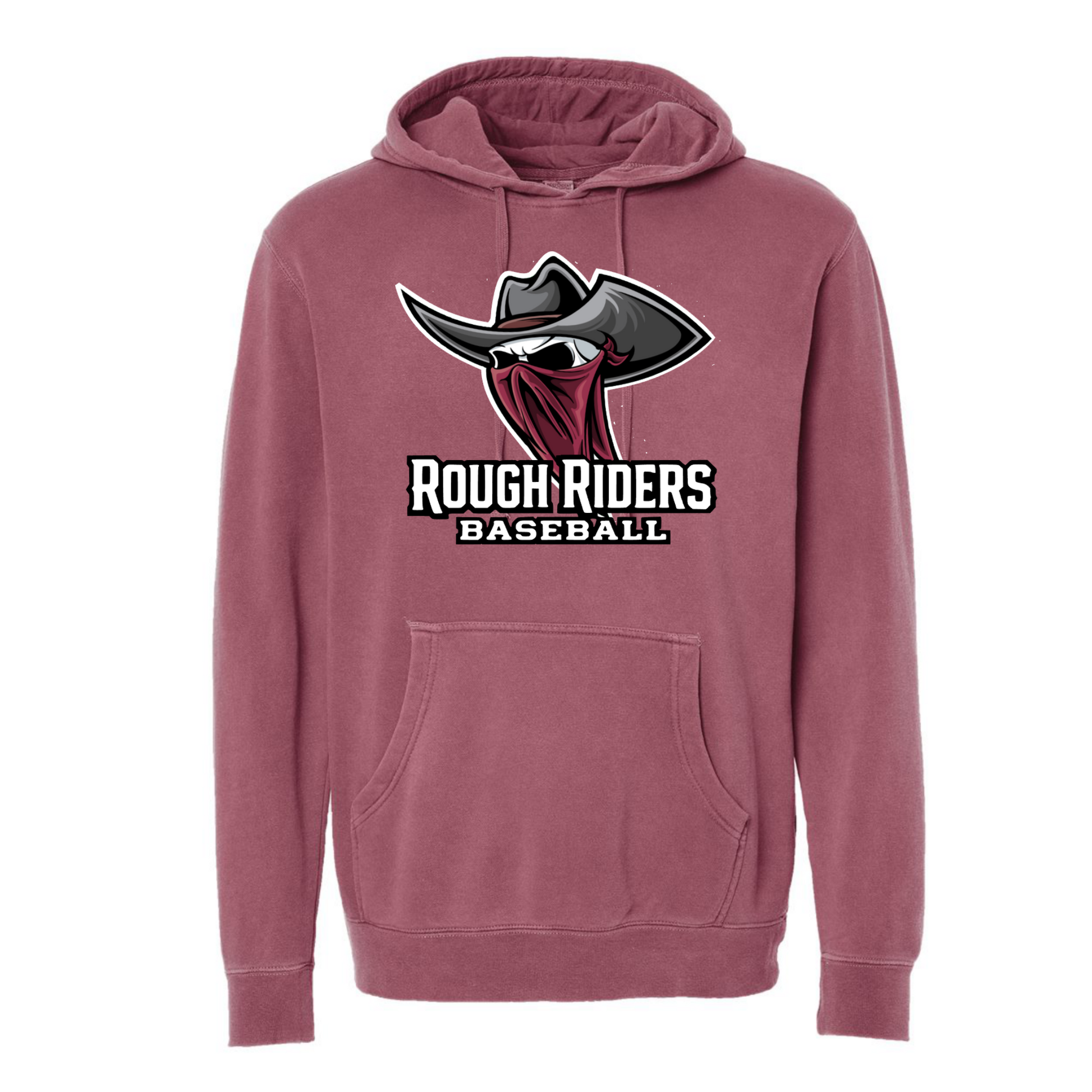 Maroon hoodie with 'Rough Riders Baseball' logo on a white background