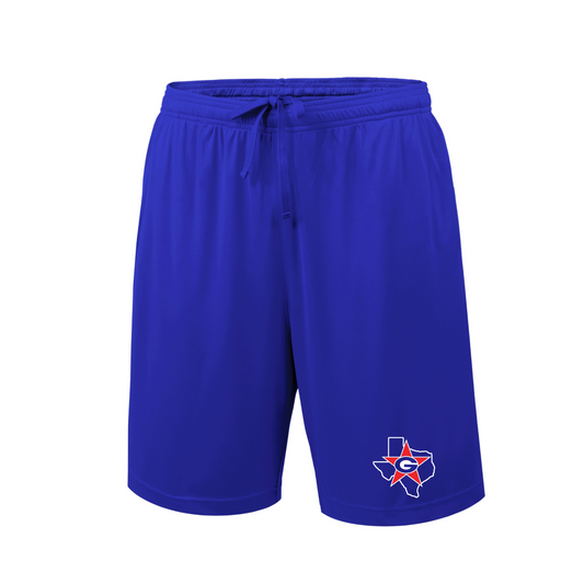 Blue shorts with a logo on a white background