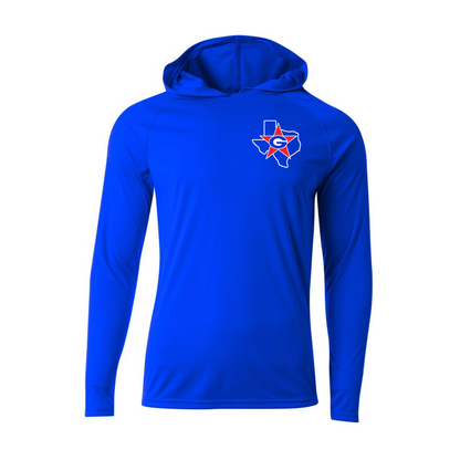 Blue hoodie with a logo on the chest against a white background