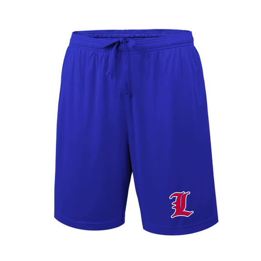Blue shorts with a red and white logo on a white background