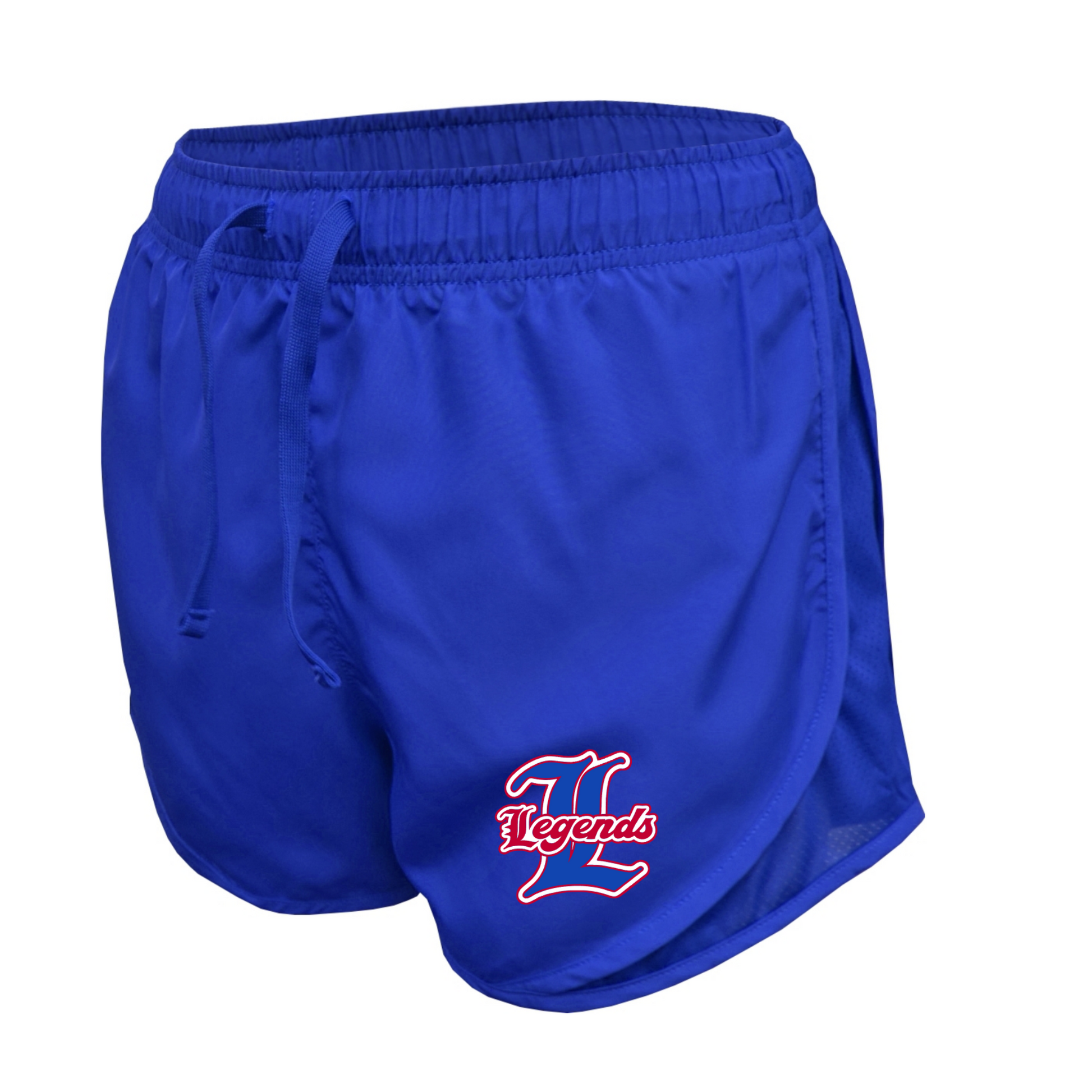 Blue shorts with 'Legends' logo on a white background