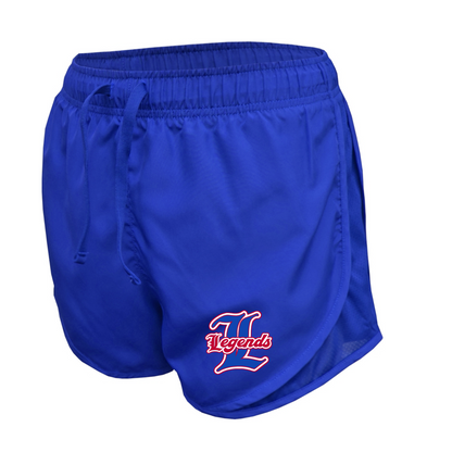 Blue shorts with 'Legends' logo on a white background