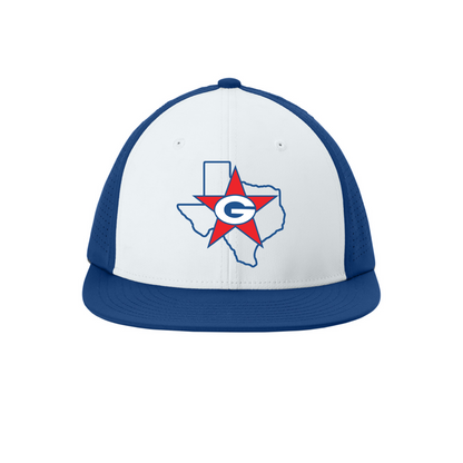 Cap with a logo of a star inside a state outline on a white background