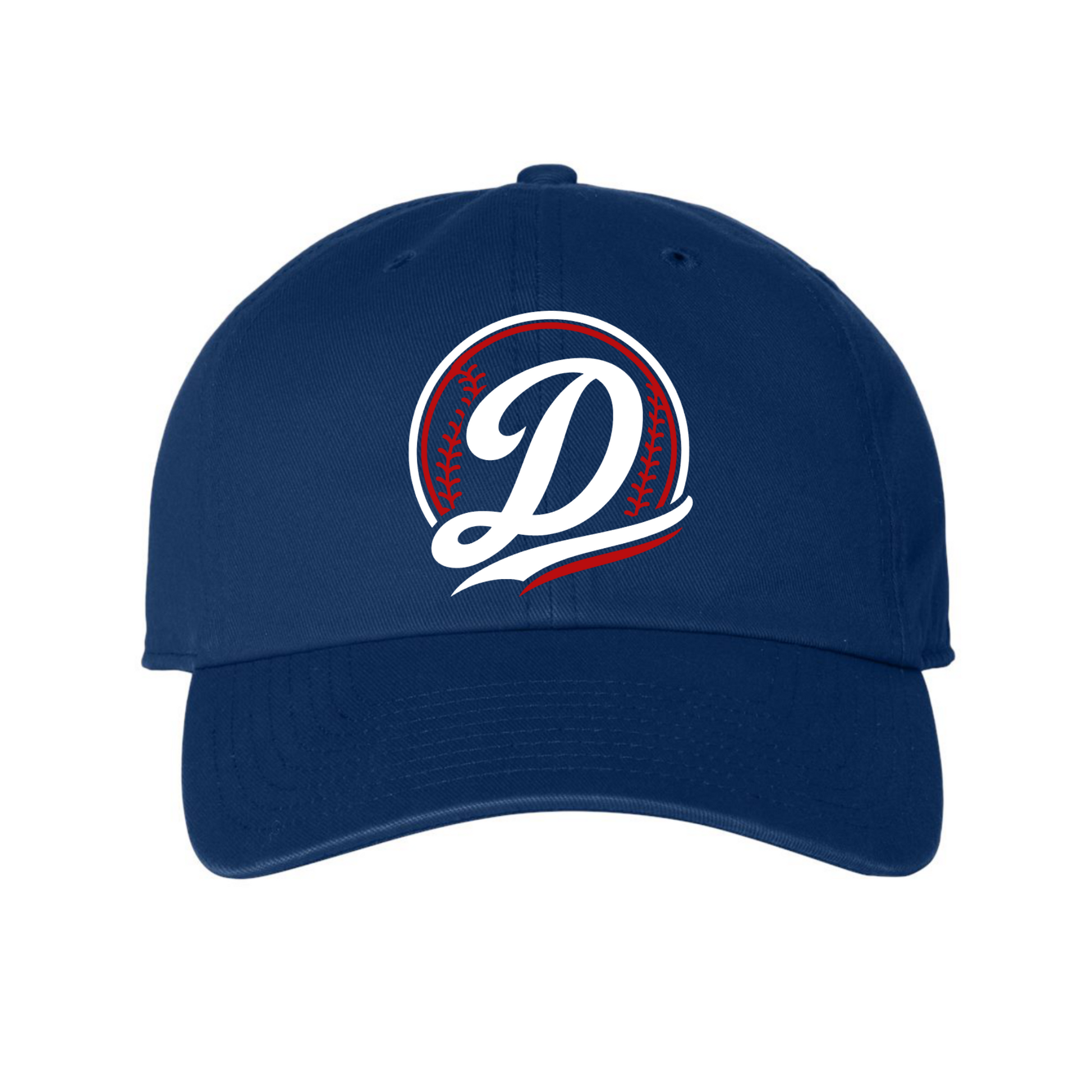 Navy blue cap with a logo featuring a stylized 'D' on a white background