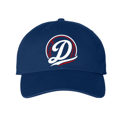 Navy blue cap with a logo featuring a stylized 'D' on a white background