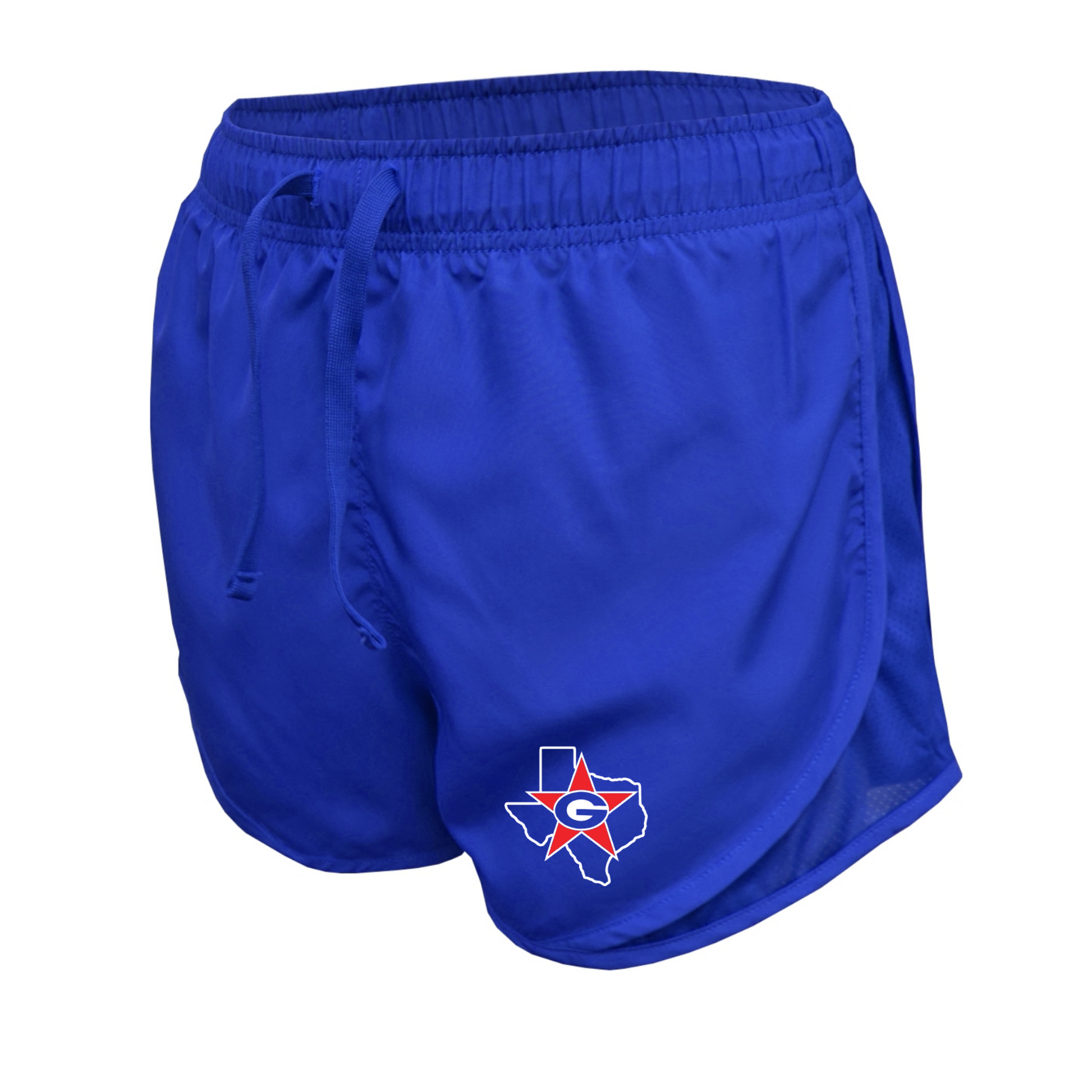 Blue athletic shorts with a logo on a white background